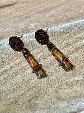 Multicolor Enamel Drop Earrings - Copper Tone
